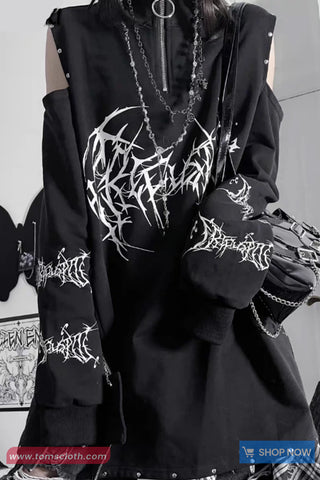 Long Sleeve Gothic Metal Printed Side Zipper Off Shoulder Shirt