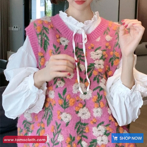 Sleeveless Full Floral Pattern Vest Sweater