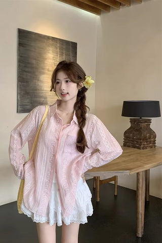 Long Sleeve Retro Pattern See Through Blouse Shirts