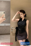 Sleeveless Side Folded V-Neck Satin Blouse Shirt