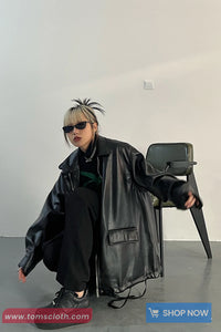 Long Sleeve Front Pockets Streetwear Leather Jacket