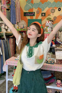 Short Sleeve Lapel Collar 3D Flower Pocket Knitted Shirt