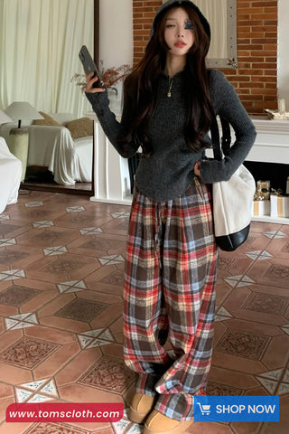 High Waist Elastic Retro Plaid Colors Loose Pants