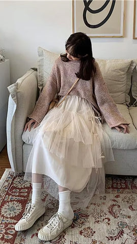 High Waist Elegant Bow Long Mesh Tulle Skirts
