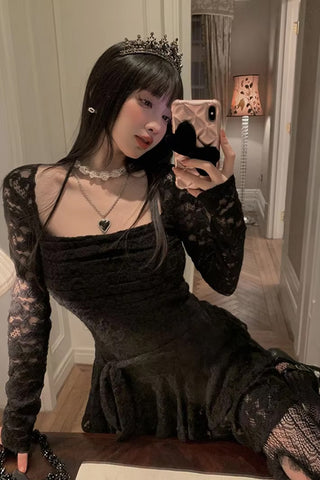 Long Sleeve Square Collar Gothic Style Mini Dress