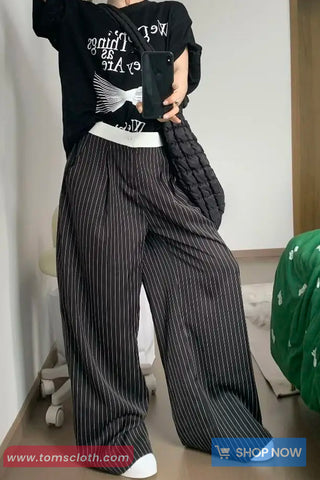 Loose Elegant Black Striped Office Pants