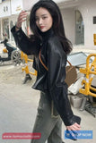 Long Sleeve Turn Down Collar Zipper Leather Jacket