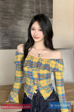 Long Sleeve Ruffles Off Shoulder Plaid Blouse Shirt
