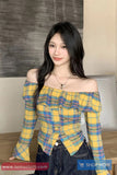 Long Sleeve Ruffles Off Shoulder Plaid Blouse Shirt
