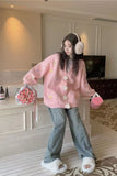 Long Sleeve Cute Bow V-Neck 3D Flower Embroidered Button Cardigan Sweater
