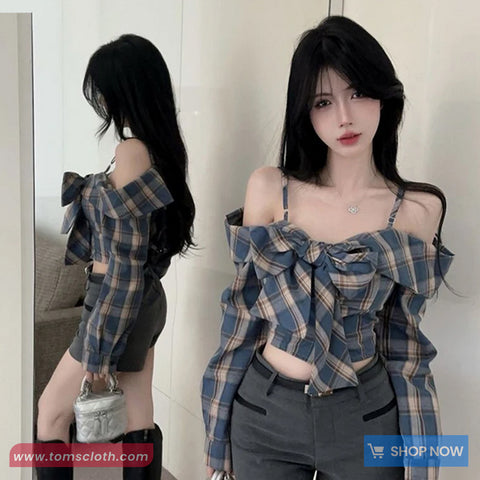 Long Sleeve Off Shoulder Cute Bow Plaid Shirt