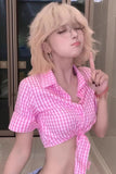 Person wearing a pink checkered Blouse with a blurred background