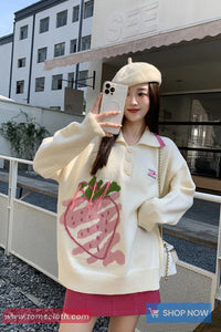 Long Sleeve Turn Down Collar Strawberry Pattern Sweater