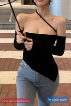 Long Sleeve Sling Halter Off Shoulder Cropped Shirts