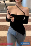 Long Sleeve Sling Halter Off Shoulder Cropped Shirts