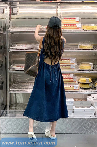 Backless Hollow Out Long Denim Dress