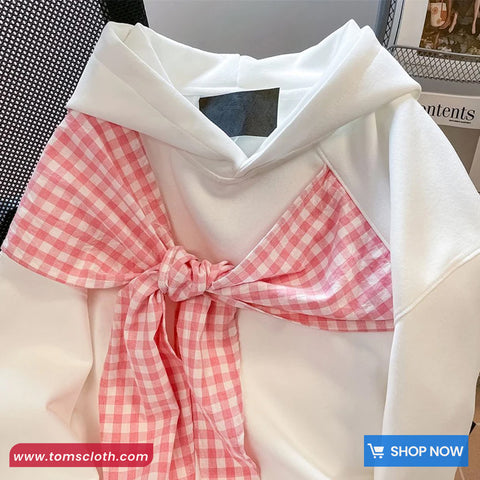 Long Sleeve Cute Bow Plaid Hooded Sweater