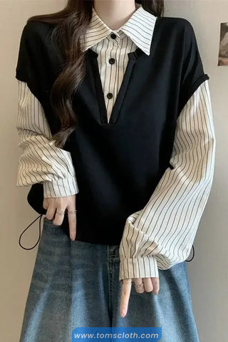 Long Sleeve Two Piece Style Striped Turn Down Collar Sweatshirt