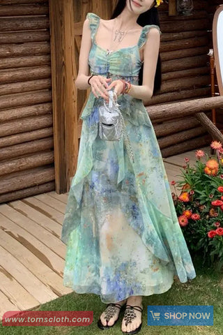 Vacation Style Tie Dye Pattern Long Dress