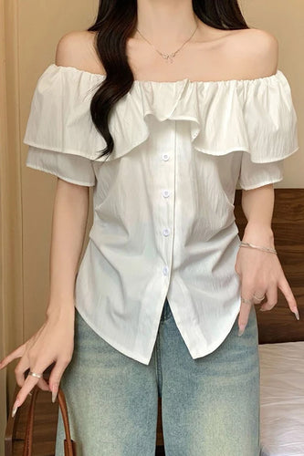 Slash Neck Ruffles Style Elegant Blouse Shirt
