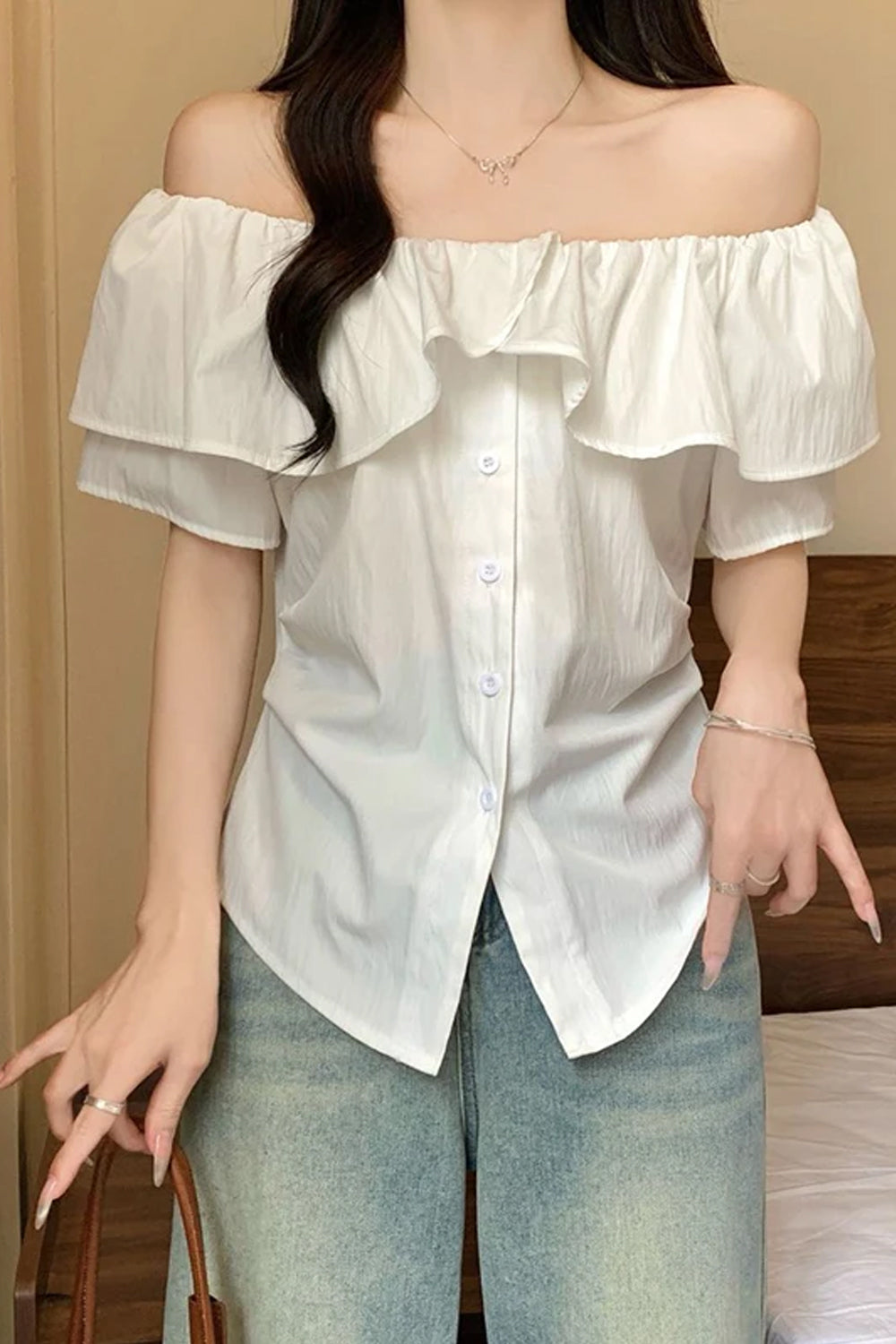 Slash Neck Ruffles Style Elegant Blouse Shirt