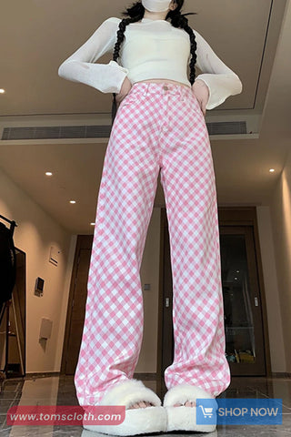 Retro Pink Plaid Casual Long Pants