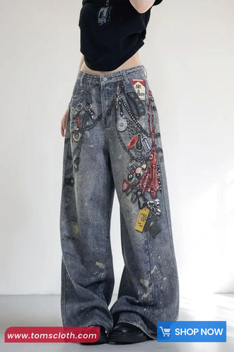 High Waist Vintage 3D Printed Loose Jeans Pants