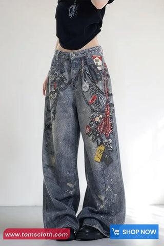 High Waist Vintage 3D Printed Loose Jeans Pants