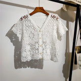 Short Sleeve V-Neck Knitted Embroidered Crochet Shirt