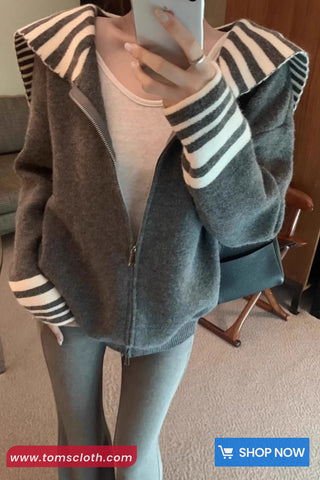 Long Sleeve Striped Sailor Collar Zipper Cardigan Sweater