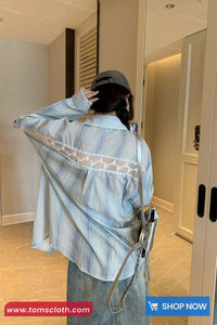 Long Sleeve Striped Lace Hollow Out Patchwork Blouse Shirt