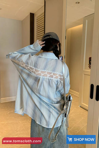 Long Sleeve Striped Lace Hollow Out Patchwork Blouse Shirt