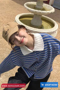 Long Sleeve Turn Down Collar Striped Knitted Cardigan Sweater