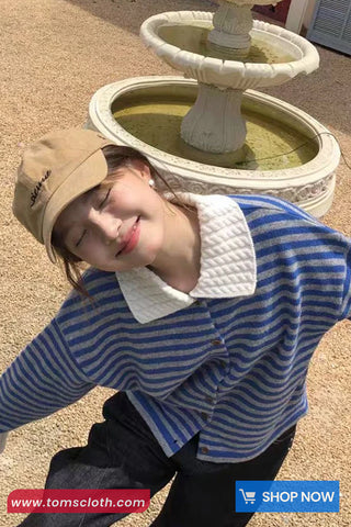 Long Sleeve Turn Down Collar Striped Knitted Cardigan Sweater