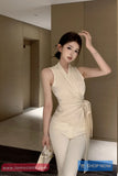 Sleeveless Side Folded V-Neck Satin Blouse Shirt