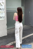 High Waist Flowers Pattern White Jeans Pants