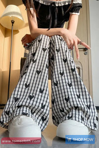 Cute Hearts Full Pattern Long Plaid Pants