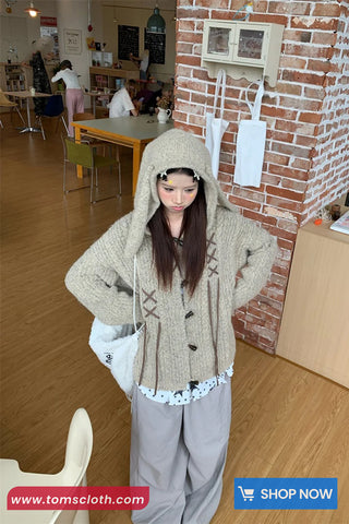 Long Sleeve Cute Rabbit Ears Hooded Knitted Cardigan Sweater
