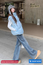 Loose Stand Collar Sleeveless Blue Plaid Vest Parkas Jacket