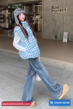 Loose Stand Collar Sleeveless Blue Plaid Vest Parkas Jacket