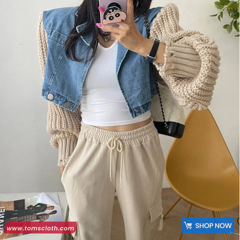 Long Sleeve Denim Patchwork Retro Knitted Cropped Sweater