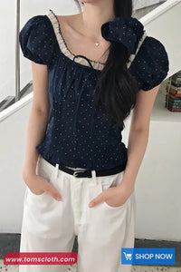 Square Collar Lace Knot Dots Pattern Shirts