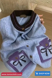 Long Sleeve Bow Pattern Knitted Cropped Cardigan Sweater