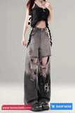 High Waist Hole Ripped Retro Gradient Grey Jeans Pants
