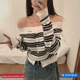 Long Sleeve Sexy Cropped Slash Neck Striped Sweater
