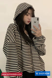 Long Sleeve Striped Hooded Zipper Cardigan