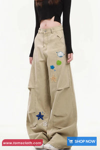 Loose Sea Themes Pattern Embroidered Casual Pants