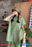 Short Sleeve Retro Green Striped O-Neck Blouse Shirt