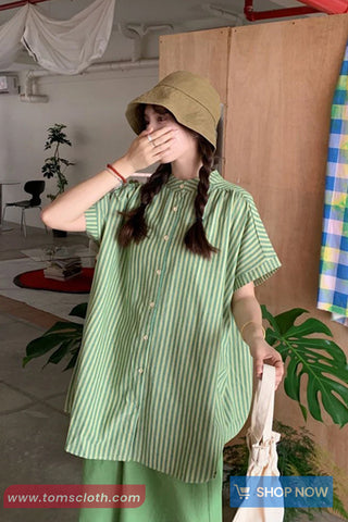 Short Sleeve Retro Green Striped O-Neck Blouse Shirt