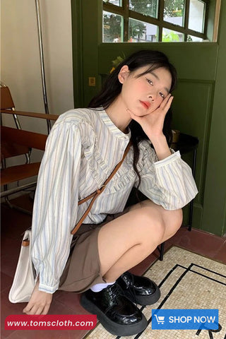 Long Sleeve Vintage Ruffles Striped Blouse Shirt